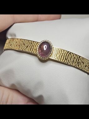 Gold Tone Stainless Steel Open Cuff Bracelet with Purple Gemstone Center